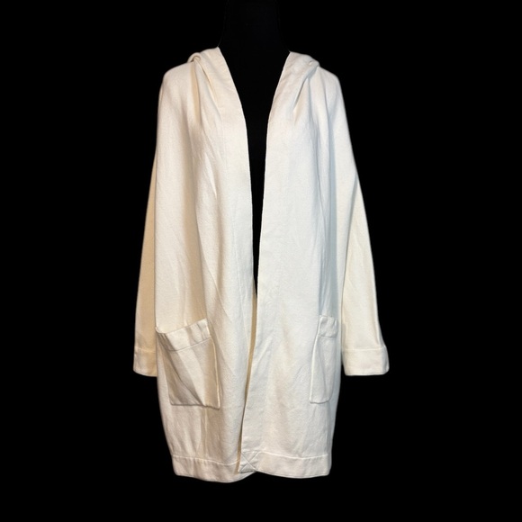 Soft Surroundings L Ivory Cotton Jersey Knit Linen Trim Open Longline Cardigan - Picture 6 of 10
